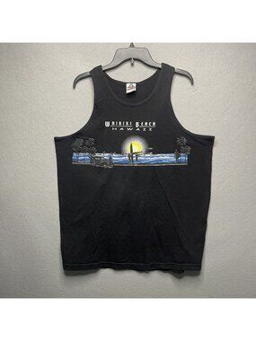 Waikiki Beach Hawaii Graphic Tank Top XL Black Alstyle Surfer Sunset Scene